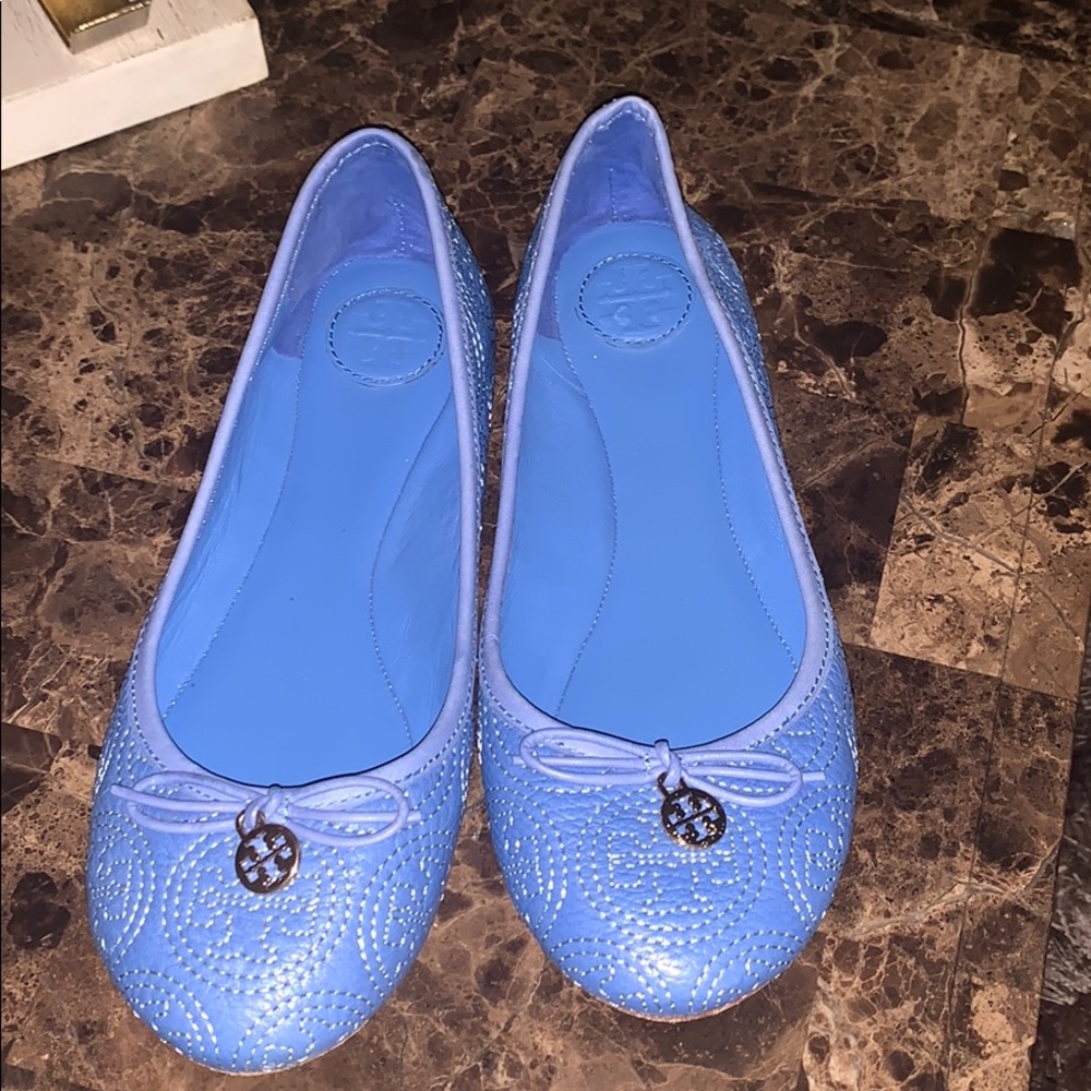 Tory Burch Light Blue Quilted Logo Ballet Flats